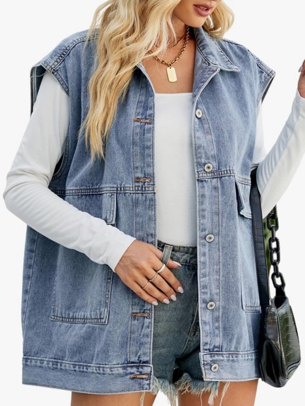 Oversized Blue Jean Denim Button Down Vest